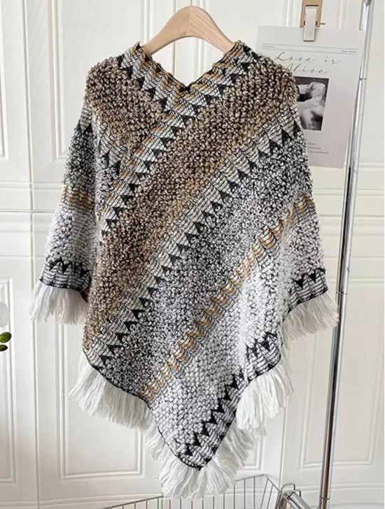 Boho Aztec Poncho W/ Fringes 